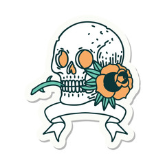 tattoo sticker with banner of a skull and rose