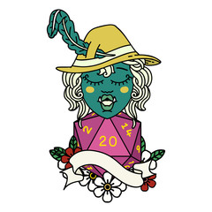 singing half orc bard character with natural twenty dice roll illustration