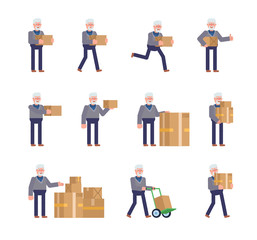 Old man standing with parcel box, running, walking, showing various gestures. Flat design vector illustration