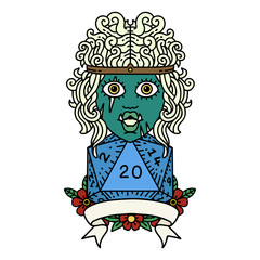 half orc barbarian character with natural 20 dice roll illustration