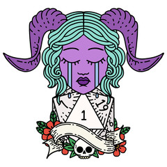 crying tiefling with natural one D20 dice roll illustration
