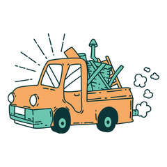 traditional tattoo style truck carrying junk