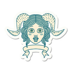 tiefling character face with scroll banner sticker