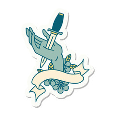 tattoo sticker with banner of a dagger in the hand