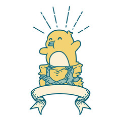 banner with tattoo style penguin sitting on present