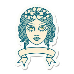 tattoo sticker with banner of female face with crown of flowers