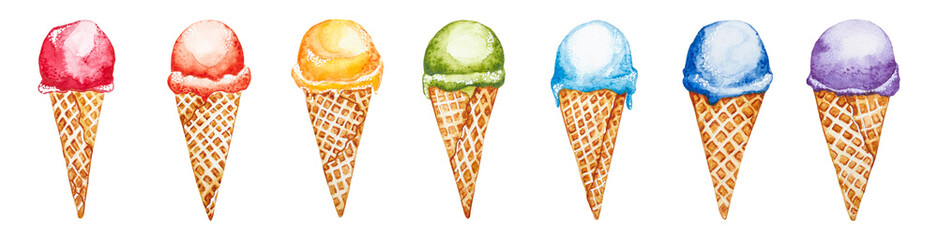 Ice cream set of seven rainbow colors. Hand drawn watercolor illustration isolated on a white background. - 340138101