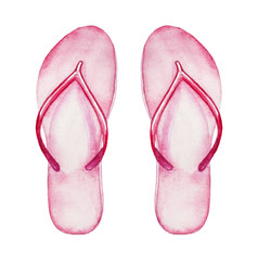 Pink flip flops. Hand drawn watercolor illustration isolated on a white background. - 340138127