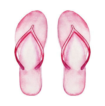 Pink flip flops. Hand drawn watercolor illustration isolated on a white background.