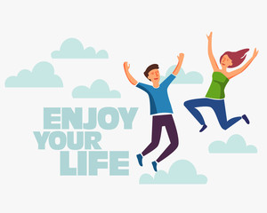 Young people jumping on white background with copy space. Stylish modern vector illustration with happy male and female teenagers Party, sport, dance and friendship team 