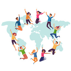 Group of young people jumping over world map with white background. Stylish modern vector illustration with happy male and female teenagers Party, sport, dance and friendship team concept
