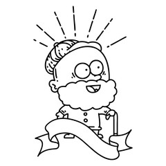 banner with black line work tattoo style happy old man with walking stick