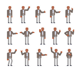 Black or indian old man showing various hand gestures set. Old man pointing, greeting, showing thumb up, victory sign and other gestures. Flat design vector illustration