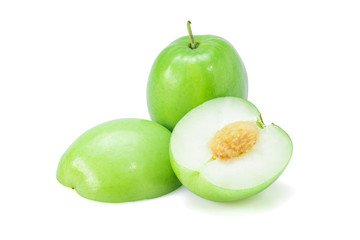 Jujubes, Monkey apple fruit with green leaf isolated on a white background. Closeup