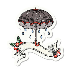 grunge sticker with banner of an umbrella and storm cloud