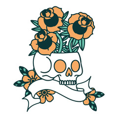 tattoo with banner of a skull and roses