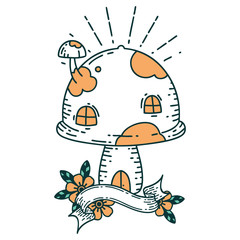 banner with tattoo style toadstool house