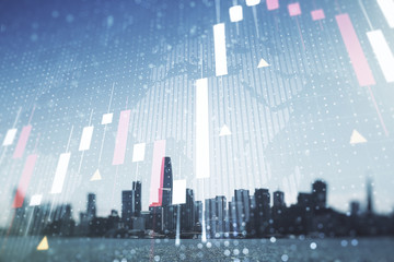 Multi exposure of virtual abstract financial graph hologram and world map on San Francisco cityscape background, financial and trading concept
