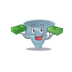A wealthy tornado cartoon character having money on hands