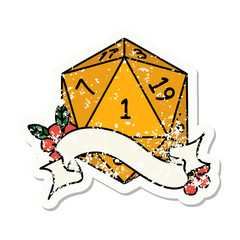 natural one d20 dice roll grunge sticker