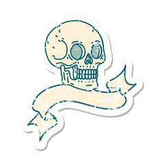 grunge sticker with banner of a skull