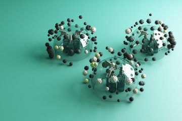 MERS-Cov, COVID-19, Novel coronavirus, 2019-nCoV, virus being killed by spray, disinfectant solution, bottle spray surrounding by a lot of colorful virus in green background 3d rendering