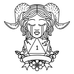 crying tiefling with natural one D20 dice roll illustration