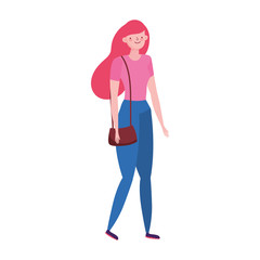 young woman with handbag accessory character isolated icon