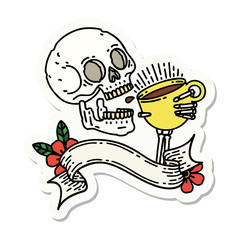 tattoo sticker with banner of a skull drinking coffee