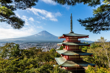 Mt. Fuji and Chureito red pagoda in october, Yamanashi, Japan - 340143569