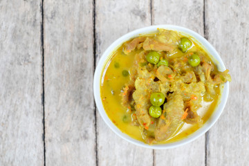 Top view of Thai food, beef curry with coconut milk, yellow chili paste and gentle spicy, home cooking and street food