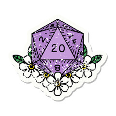 natural 20 D20 dice roll with floral elements grunge sticker