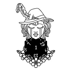 crying human bard with natural one D20 dice roll illustration