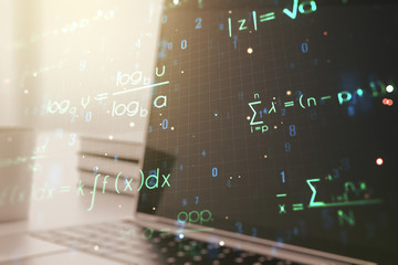 Creative scientific formula hologram on modern laptop background, research concept. Multiexposure