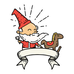 banner with tattoo style santa claus christmas character making toy