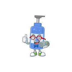 Handsanitizer talented gamer mascot design play game with controller