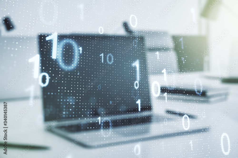 Poster creative abstract binary code hologram on modern computer background, ai and machine learning concep