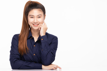 beautiful business Asian woman wearing blue shirt smile with happiness and confident feeling,Isolated on white,Positive emotional