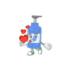An adorable cartoon design of handsanitizer holding heart