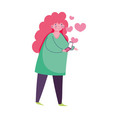 young woman using smartphone romantic message love isolated icon design