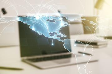 Double exposure of abstract digital world map with connections on computer background, big data and blockchain concept