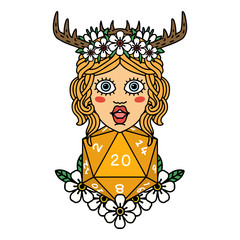 human druid with natural twenty dice roll illustration