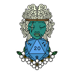 orc barbarian with natural twenty dice roll illustration