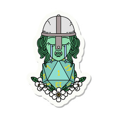 crying orc fighter character with natural one D20 roll sticker