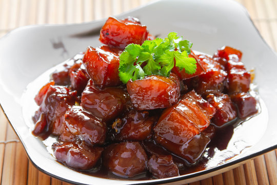 Chinese braised pork belly stew close up