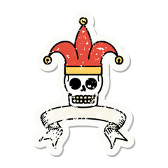 grunge sticker with banner of a skull jester