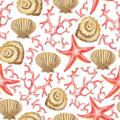 Starfish pattern, seashells, corals
