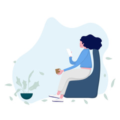 Woman with smarth phone sitting on chair. Work from home concept. vector illustration