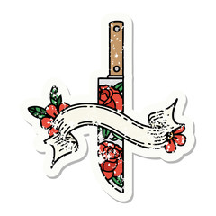 grunge sticker with banner of a dagger and flowers
