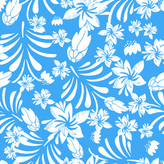 Seamless vector pattern with white stylized flowers silhouettes on a light blue background. Fresh summer pattern for beachwear.